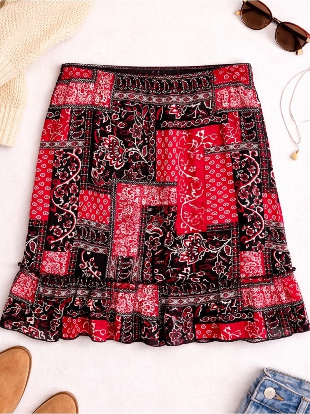 No Boundaries Y2K Patchwork Paisley Mini Skirt Western Grunge Bandana Large